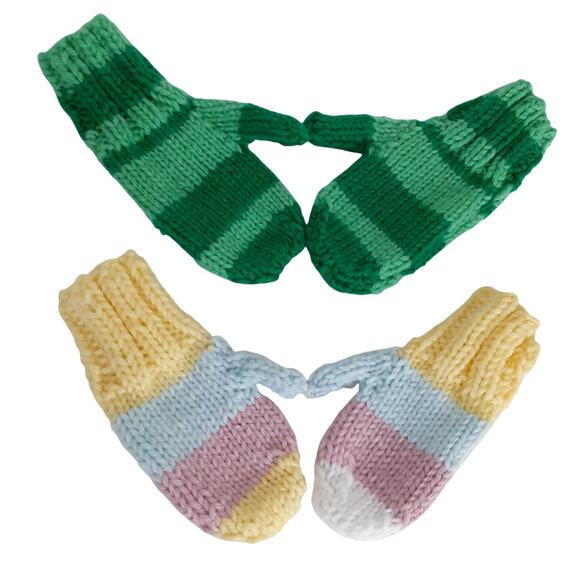 Vintage Handmade Crochet Mittens Kids 2pc Green Pastel Multi Stripe Winter Glove - Picture 1 of 6